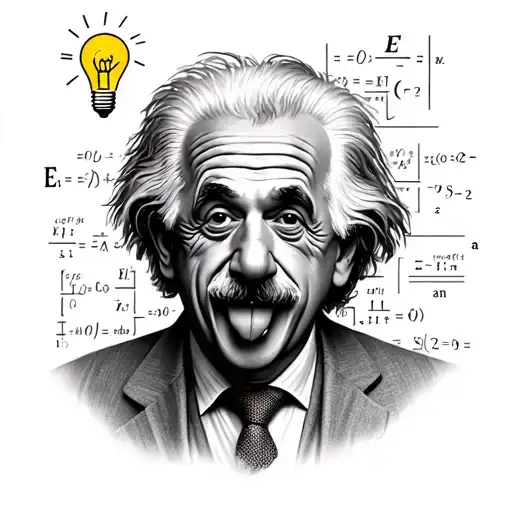 albert einstein tongue out with E=mc2 and light bulb at the top of his head with back ground formulas  tattoo design idea