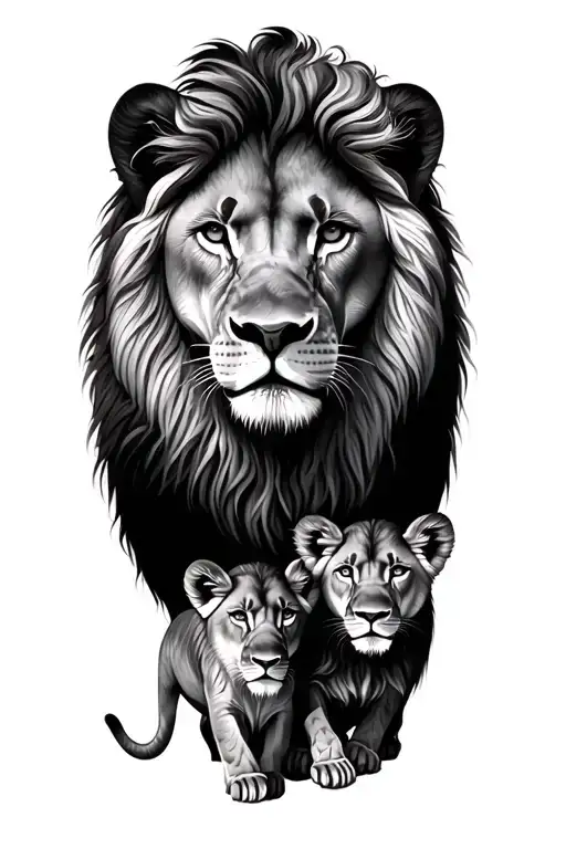 lion and lioness and 3 cubs  tattoo design idea