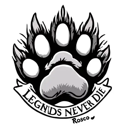 dogs paw who passed away named Rosco. that says Legends Never Die tattoo design idea