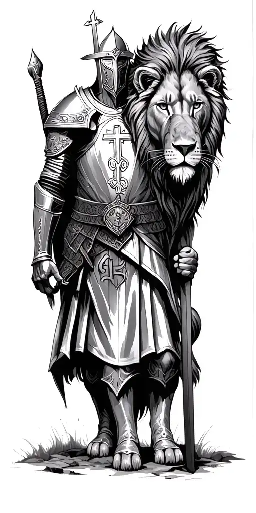 knight templar with a lion and a warrior bible verse written tattoo design idea