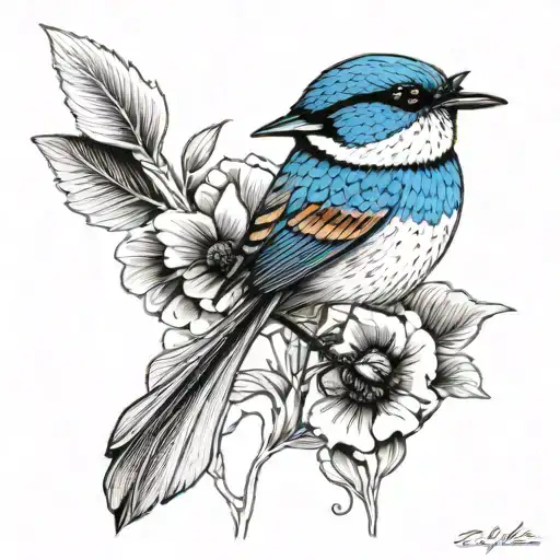 blue wren and poppy flower tattoo design idea