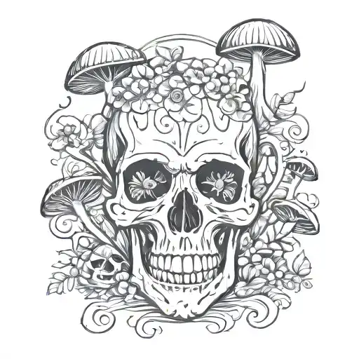 skull and mushrooms tattoo design idea