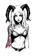 Sexy Pale Girl, Petite, Big Boobs, Wide Hips, G-string. Messy Hair, Demonic Horns, Sexual.... on hood, white eyes tattoo design idea