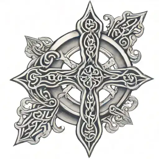 a Celtic cross in between the pecs, Family in cursive on the left pec, Faith in cursive on the right pec tattoo design idea