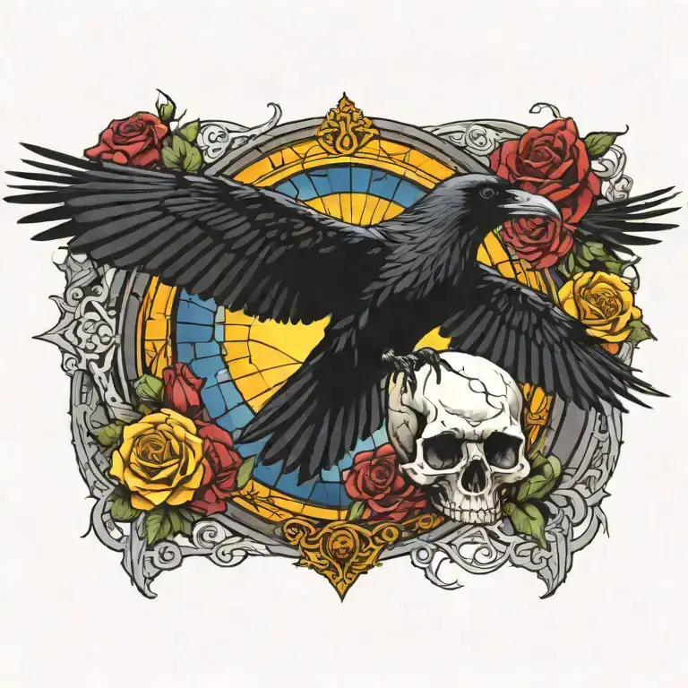 raven flying over skull and roses with stained glass background black with bright sun in center tattoo design idea