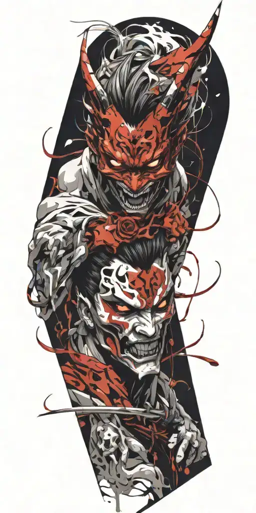 anime character wearing a oni mask fighting off inner demons tattoo design idea