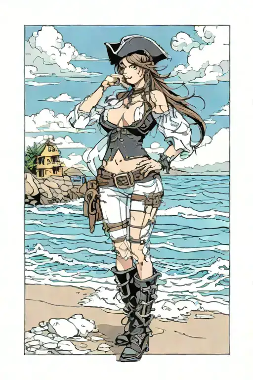 Sexy pirate girl, Gigantic Boobs, cleavage, torn clothing, skin tight pants, boots, standing on the beach by the ocean tattoo design idea