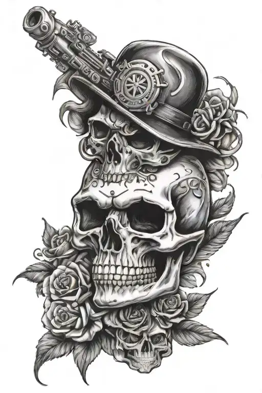 skull wearing fire fighter hat, with roses, and Harley Davidson motorcycle  tattoo design idea