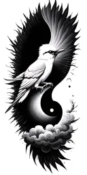 Clouds shades, bird with sun rays, all over to a ying yang tattoo design idea