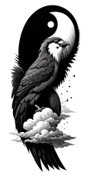 Clouds shades, bird with sun rays, all over to a ying yang tattoo design idea