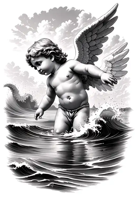 cherub angel in the water reaching up towards the sky. Waves crashing on the beach of small Croatian island village tattoo design idea