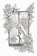  Open book with Good girl written on it with two sets of hands in a BDSM stlye surrounded by flowers sexy and scandalous tattoo design idea