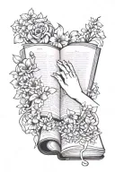  Open book with Good girl written on it with two sets of hands in a BDSM stlye surrounded by flowers sexy and scandalous tattoo design idea
