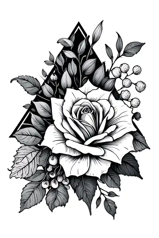 geometrical triangle with floral linework flower boquet with rose, Lilly, hawthorn, honeysuckle tattoo design idea
