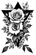 geometrical triangle with floral linework flower boquet with rose, Lilly, hawthorn, honeysuckle tattoo design idea