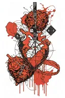 red string of fate with balance scale heart and brain  tattoo design idea