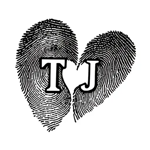 Two fingerprints in a heart shape with letters T and J hidden tattoo design idea