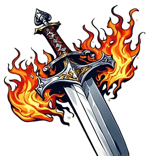 excalibur sword surrounded by flames tattoo design idea