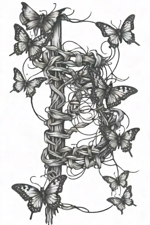 barbed wire spine tatoo with barbed wire butterflies along it tattoo design idea