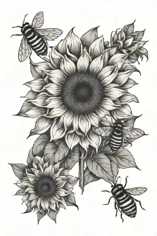 front facing sunflower with 2 small bees on the petals tattoo design idea