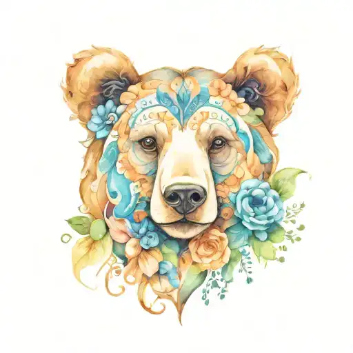paisley bear head flowers wrapped tattoo design idea