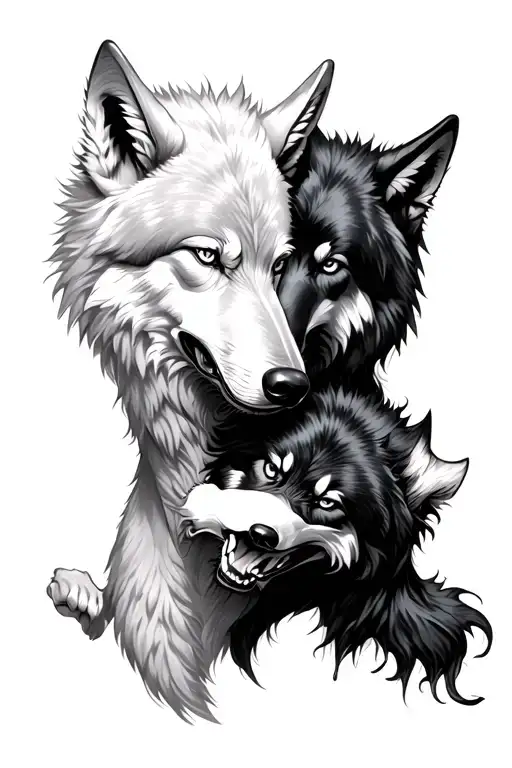Two wolves fighting one white and one black tattoo design idea