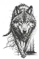 walking wolf front face the darkness behind tattoo design idea