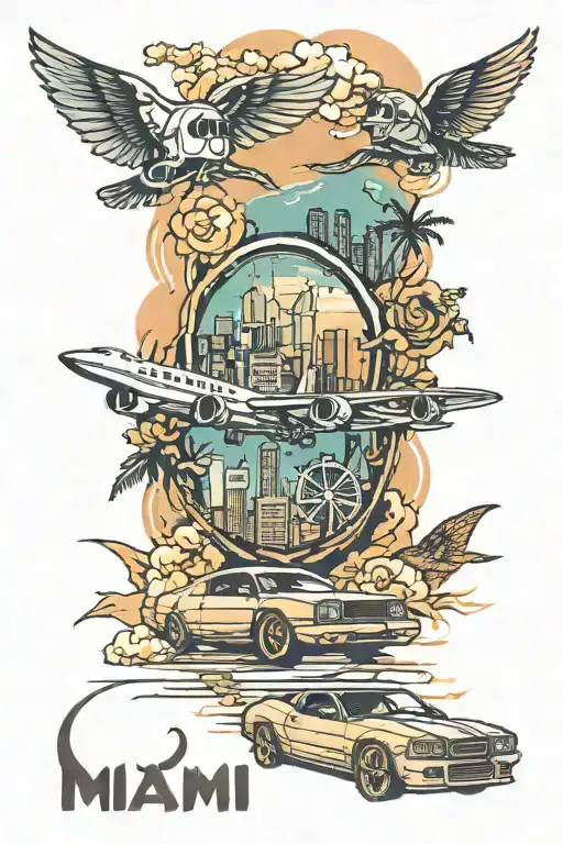 Miami skyline, tuned car, watch and plane tattoo design idea