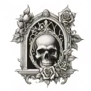 gothic window, skull, flowers intertwined tattoo design idea