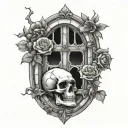 gothic window, skull, flowers intertwined tattoo design idea