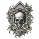 gothic window, skull, flowers intertwined tattoo design idea
