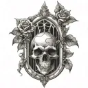 gothic window, skull, flowers intertwined tattoo design idea