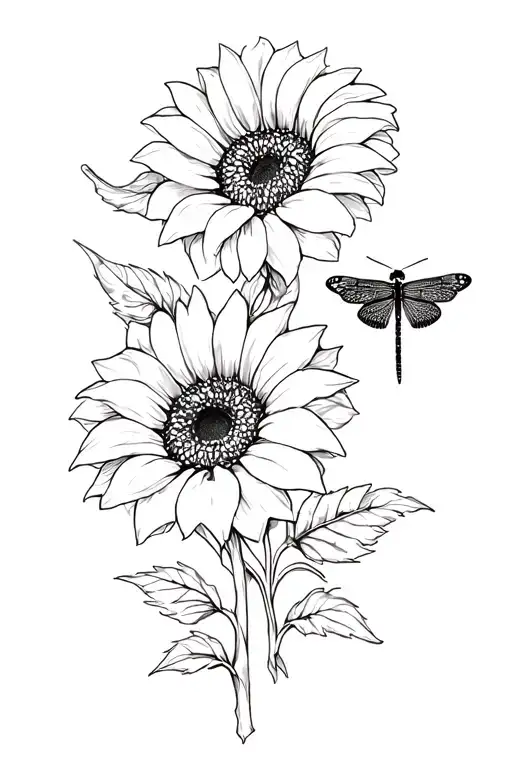 3 sunflowers, petunia flower, dragonfly, butterfly tattoo design idea