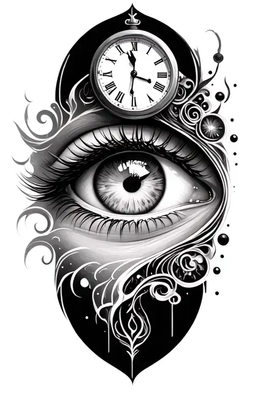 eye and clock embedded tattoo design idea