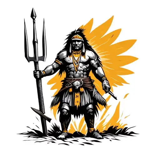 Black and Gold Native american warrior holding pitchfork with rocket in background tattoo design idea