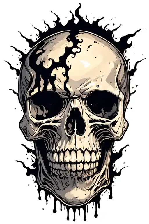 decaying skull with darkness coming up from head tattoo design idea