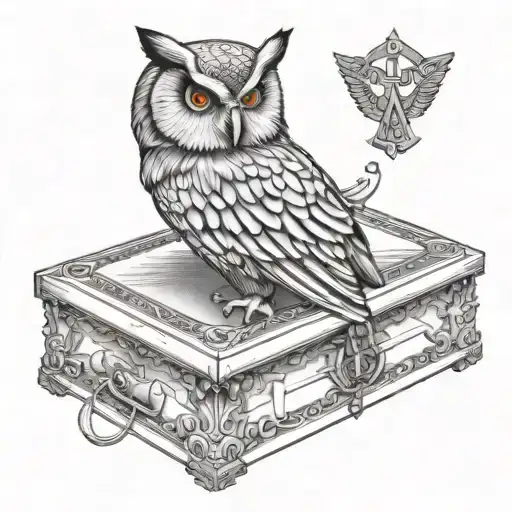 owl wing spread Masonic square and compass holding casket with cross in it tattoo design idea