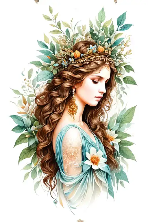 tattoo of a beutifull goddess of nature realistic not in a static position tattoo design idea