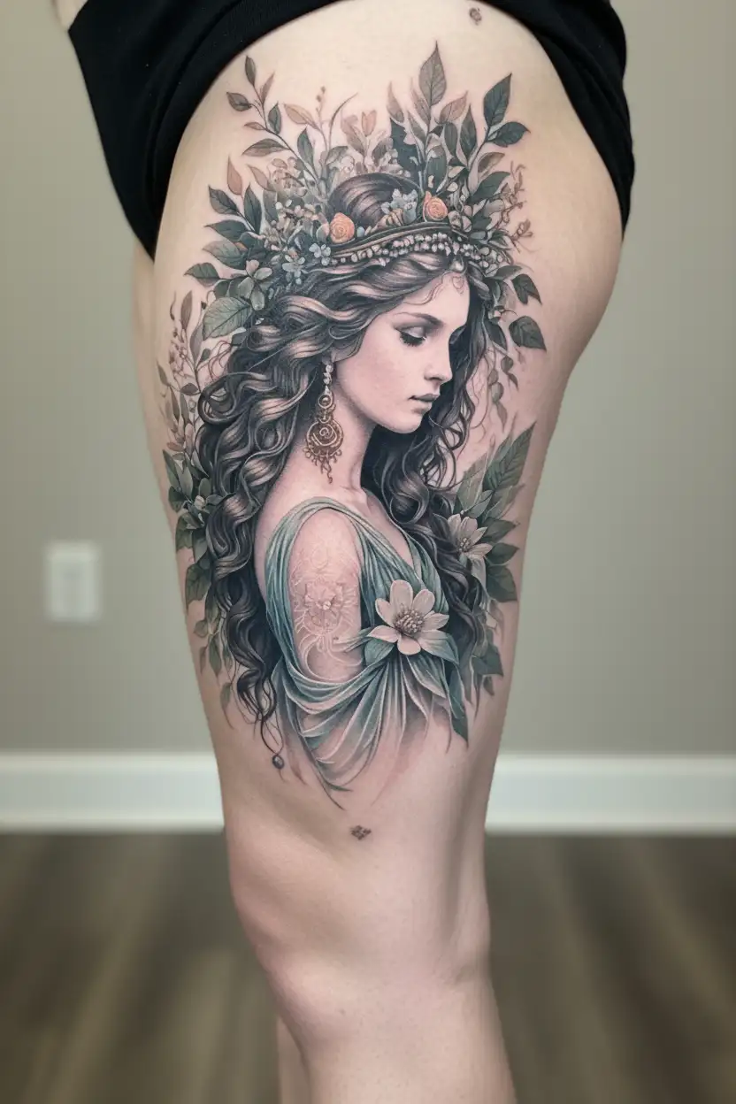tattoo of a beutifull goddess of nature realistic not in a static position tattoo design idea