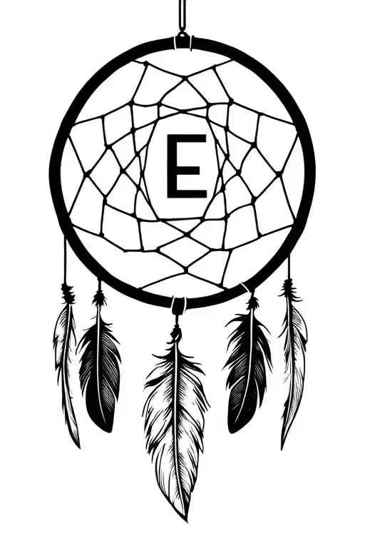 dream catcher  with the letter E in the webbing feathers hanging out on the bottom  tattoo design idea