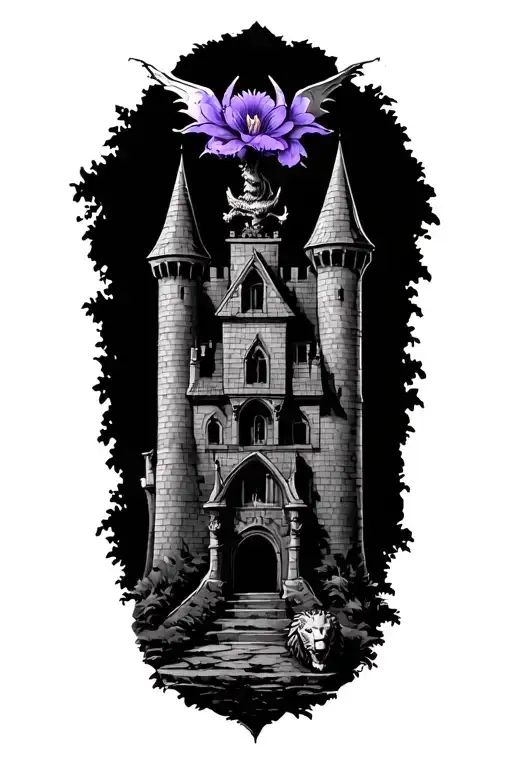 gothic castle abandoned in a forest has old oak tree add  the violet flower dragon on top of castle lion statue  tattoo design idea