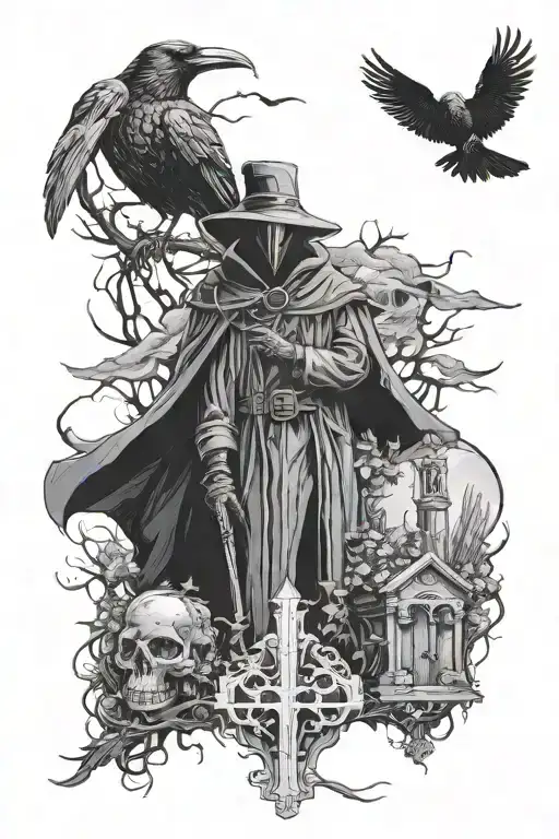 full apocalyptic background featuring a cemetery a plague doctor and a raven tattoo design idea
