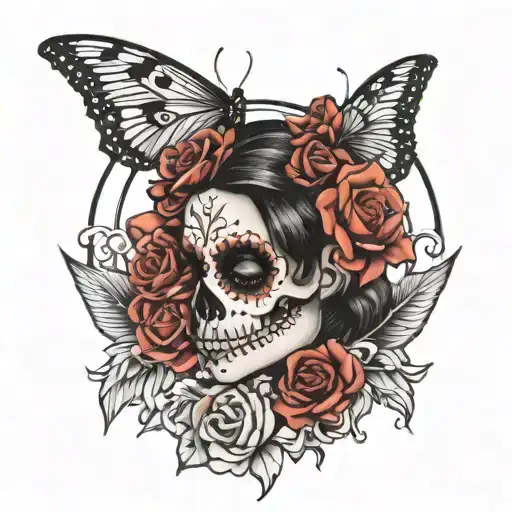 day of dead girl with part of skull face, flowers, butterflies, moon, compass tattoo design idea