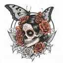 day of dead girl with part of skull face, flowers, butterflies, moon, compass tattoo design idea
