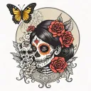 day of dead girl with part of skull face, flowers, butterflies, moon, compass tattoo design idea