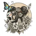day of dead girl with part of skull face, flowers, butterflies, moon, compass tattoo design idea