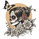 day of dead girl with part of skull face, flowers, butterflies, moon, compass tattoo design idea