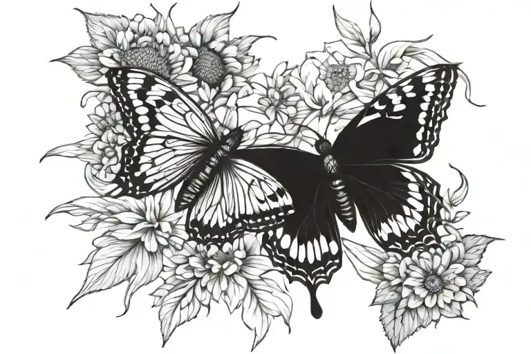 sunflower butterfly intertwined with barley grains tattoo design idea