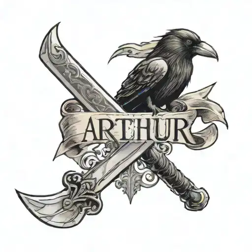 a sword with "arthur" written on the blade and a crow above the hilt tattoo design idea
