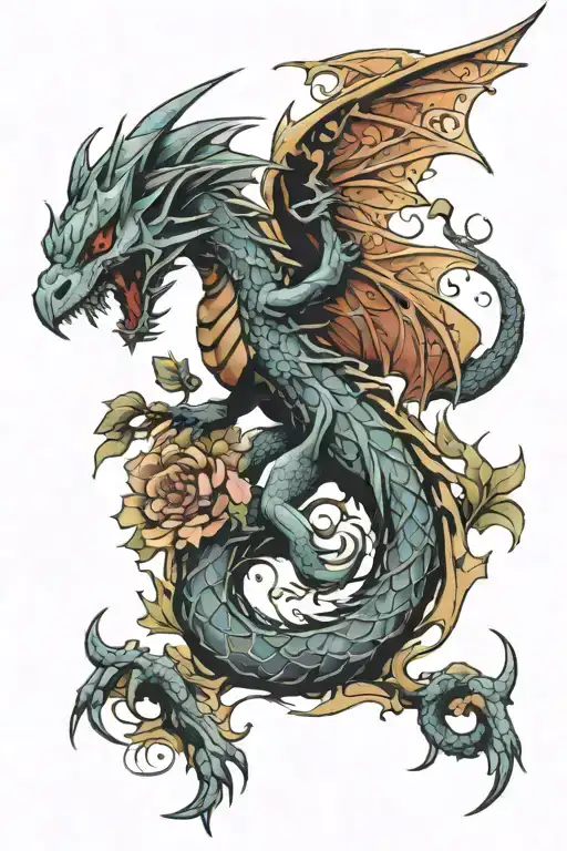 dragon ascending and fighting angel, fractal, flower tattoo design idea
